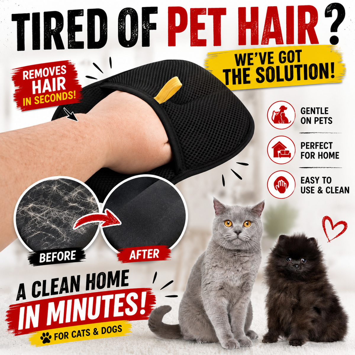 Pet Hair Removal Tool Reusable Static Removal Gloves, Double-Sided Grooming Gloves for Pets, Removes Pet Fur Hair for Carpets